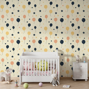 Party-themed balloon mural wallpaper transforming kids playroom into celebration space