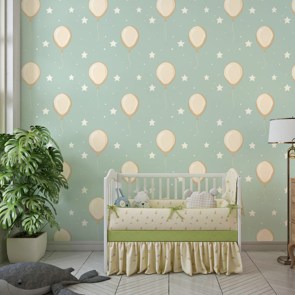Soft balloon themed wallpaper with sparkling stars in cozy kids playroom setting
