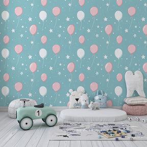 Party balloon themed mural wallpaper transforming kids playroom into celebration space