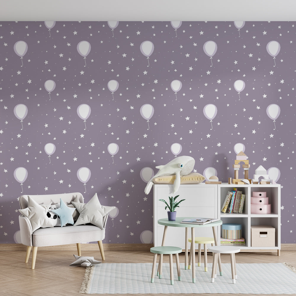 Purple balloon and twinkling stars mural wallpaper for magical kids room by Kids-Mundo