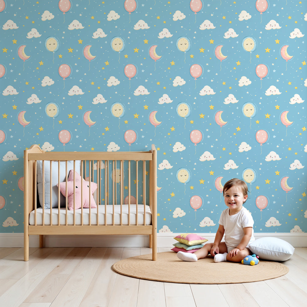 Balloon sky mural wallpaper with colorful hot air balloons creating magical nursery decor by Kids-Mundo