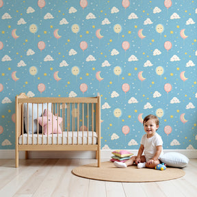 Balloon sky mural wallpaper with colorful hot air balloons creating magical nursery decor by Kids-Mundo