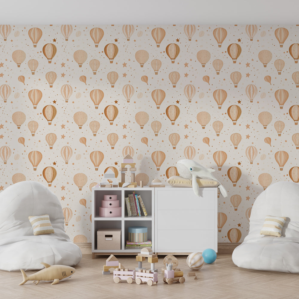 Soft beige balloon and stars wallpaper creating dreamy children's bedroom atmosphere