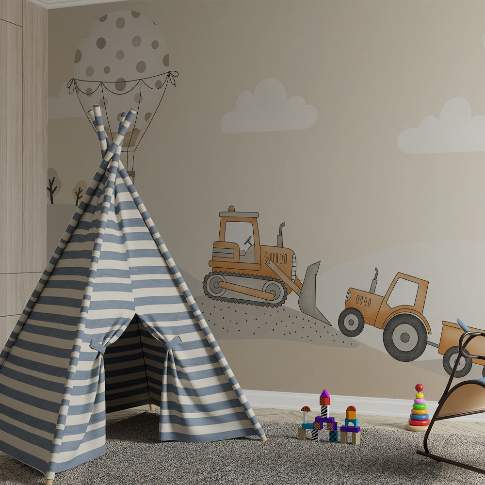 Kids-Mundo balloon and digger wall mural covering a feature wall in a child's bedroom