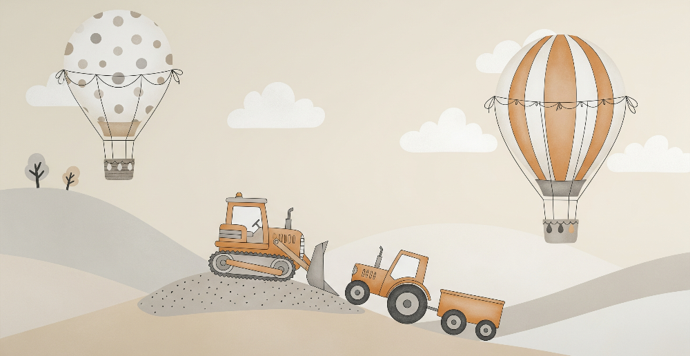 Hot Air Balloons and Diggers on Rolling Hills Wall Mural
