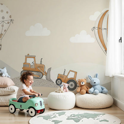 Kids-Mundo hot air balloon and digger wall mural styled behind a cot in a soft neutral nursery