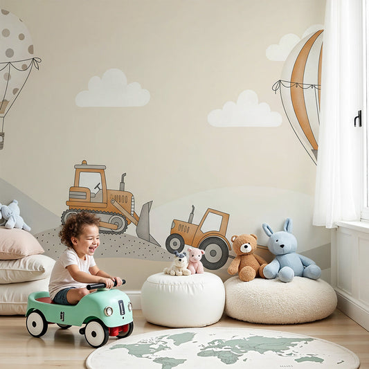 Kids-Mundo hot air balloon and digger wall mural styled behind a cot in a soft neutral nursery