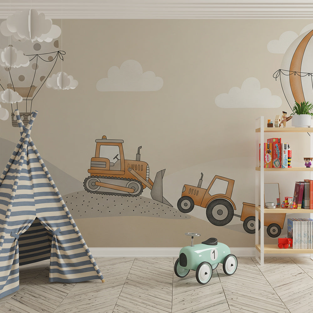 Kids-Mundo hot air balloon and digger wall mural bringing a building site scene to a playroom