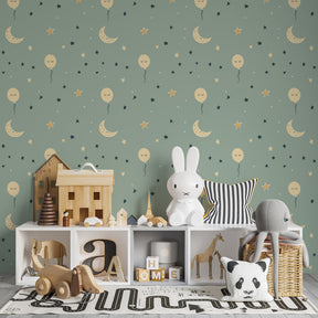 Celestial balloon mural wallpaper with soft blue and yellow tones for kids room by Kids-Mundo