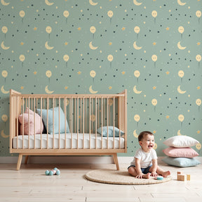 Balloon and stars mural wallpaper creating dreamy nursery atmosphere by Kids-Mundo