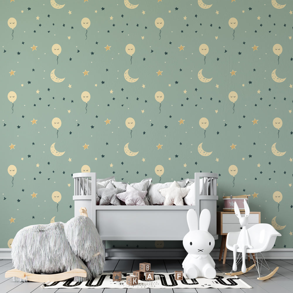 Smiling balloons wallpaper with crescent moons decorating children's bedroom space