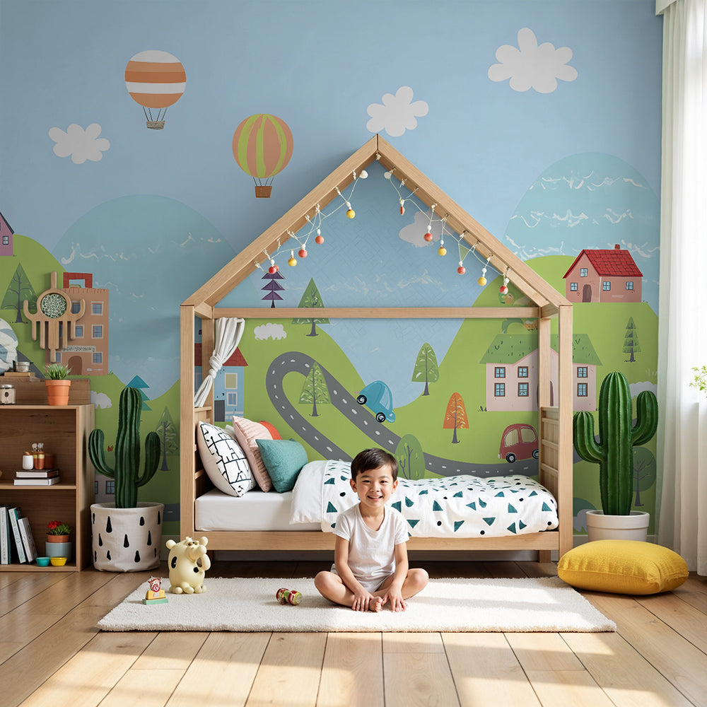 Kids-Mundo hot air balloon landscape wall mural in a bright, welcoming nursery