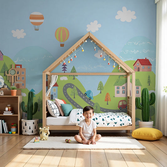 Kids-Mundo hot air balloon landscape wall mural in a bright, welcoming nursery