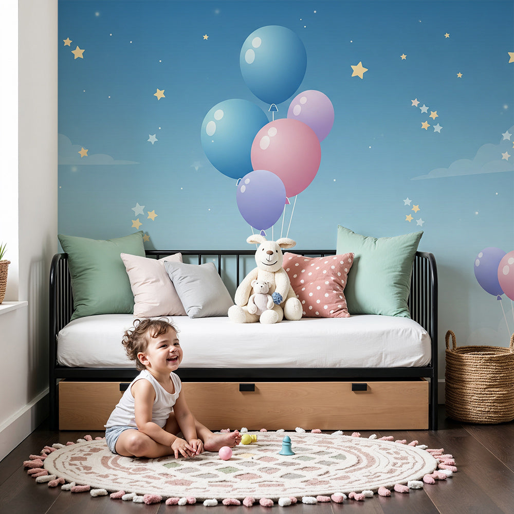 Kids-Mundo balloon wall mural above a cot in a calm starry night nursery room