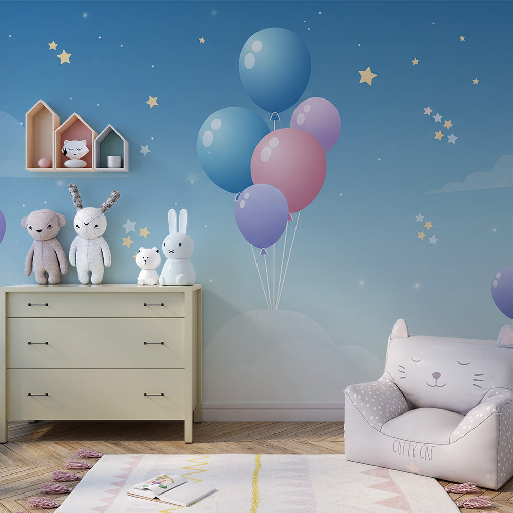 Kids-Mundo balloon night-sky mural brightening a playroom reading nook and wall