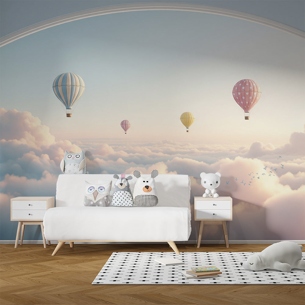 Kids-Mundo sunset sky balloon archway mural on a feature wall in a calm kids' bedroom