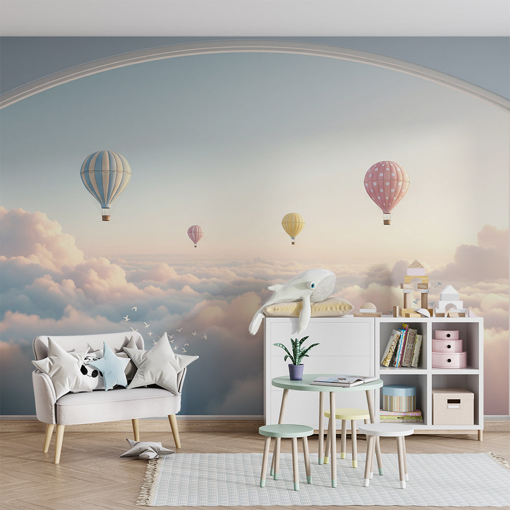 Kids-Mundo hot air balloon sunset archway wall mural adding a soft glow to a children's playroom