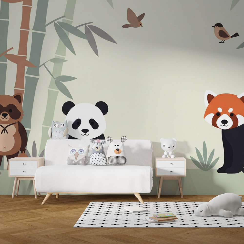 Asian forest theme mural wallpaper with bamboo and animals for kids playroom
