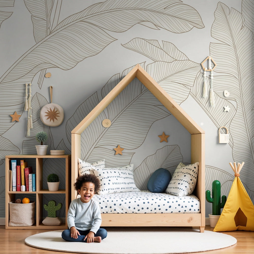 Banana leaf mural wallpaper creating elegant botanical nursery decor by Kids-Mundo