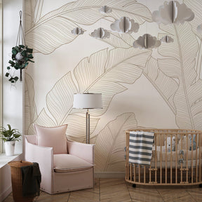 Botanical mural wallpaper creating peaceful reading corner in children's room