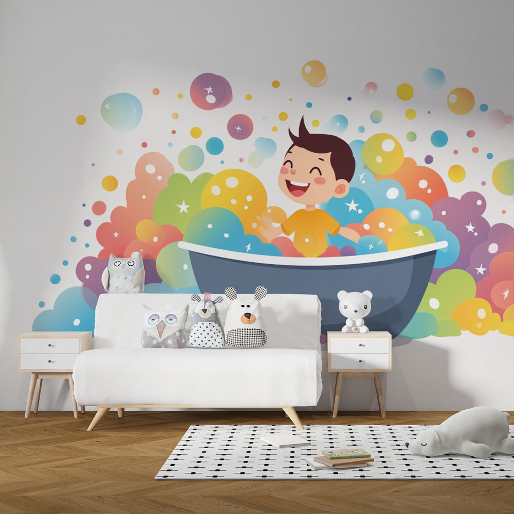 Rainbow bubble bath wallpaper transforming kids bedroom wall with vibrant colors