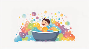 Detailed bath time mural wallpaper design pattern showing child with colorful bubbles by Kids-Mundo