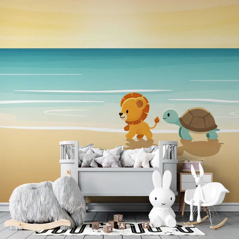 Lion cub turtle beach wallpaper creating serene kids bedroom decor with pastel colors