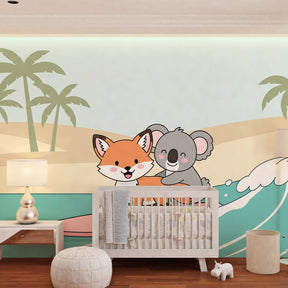 Fox and koala surfing wallpaper creating playful beach theme in children's bedroom