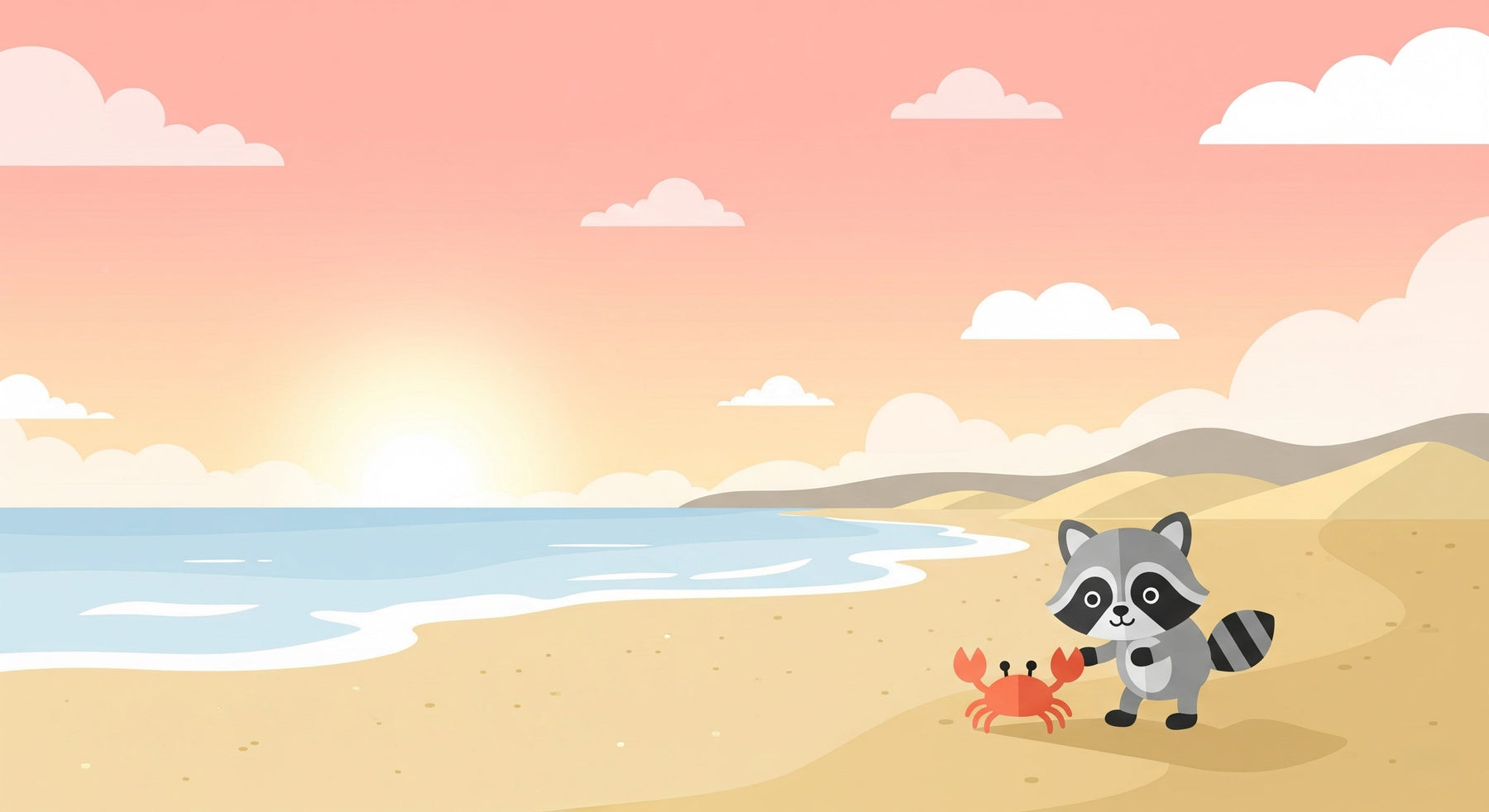 Detailed beach animals mural wallpaper design pattern featuring raccoon and crab by Kids-Mundo