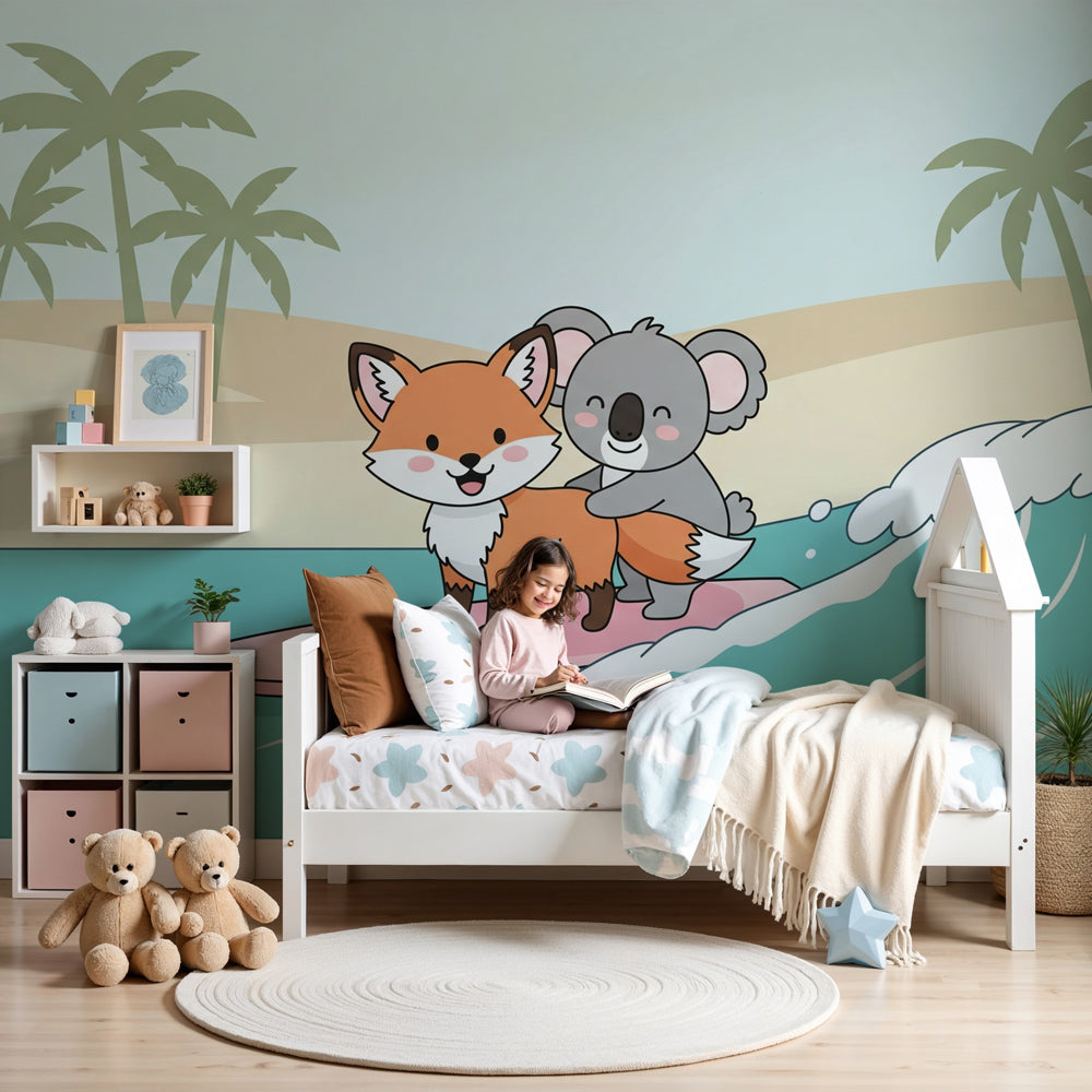 Beach animals mural wallpaper featuring fox and koala surfing in modern nursery by Kids-Mundo