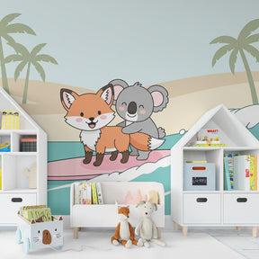 Beach adventure wallpaper with palm trees and surfing animals in kids playroom setting