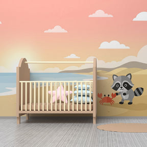 Raccoon and crab beach scene mural wallpaper in bright children's playroom