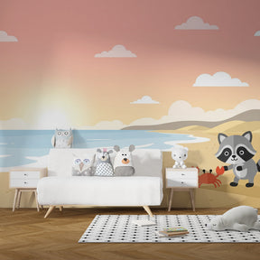 Coastal seaside wallpaper creating peaceful atmosphere in toddler bedroom decor