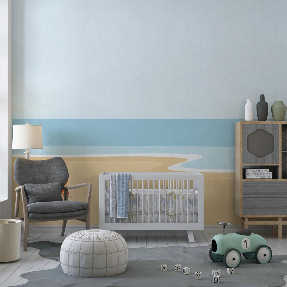 Ocean paradise mural wallpaper transforming kids bedroom into seaside retreat with adorable crab character