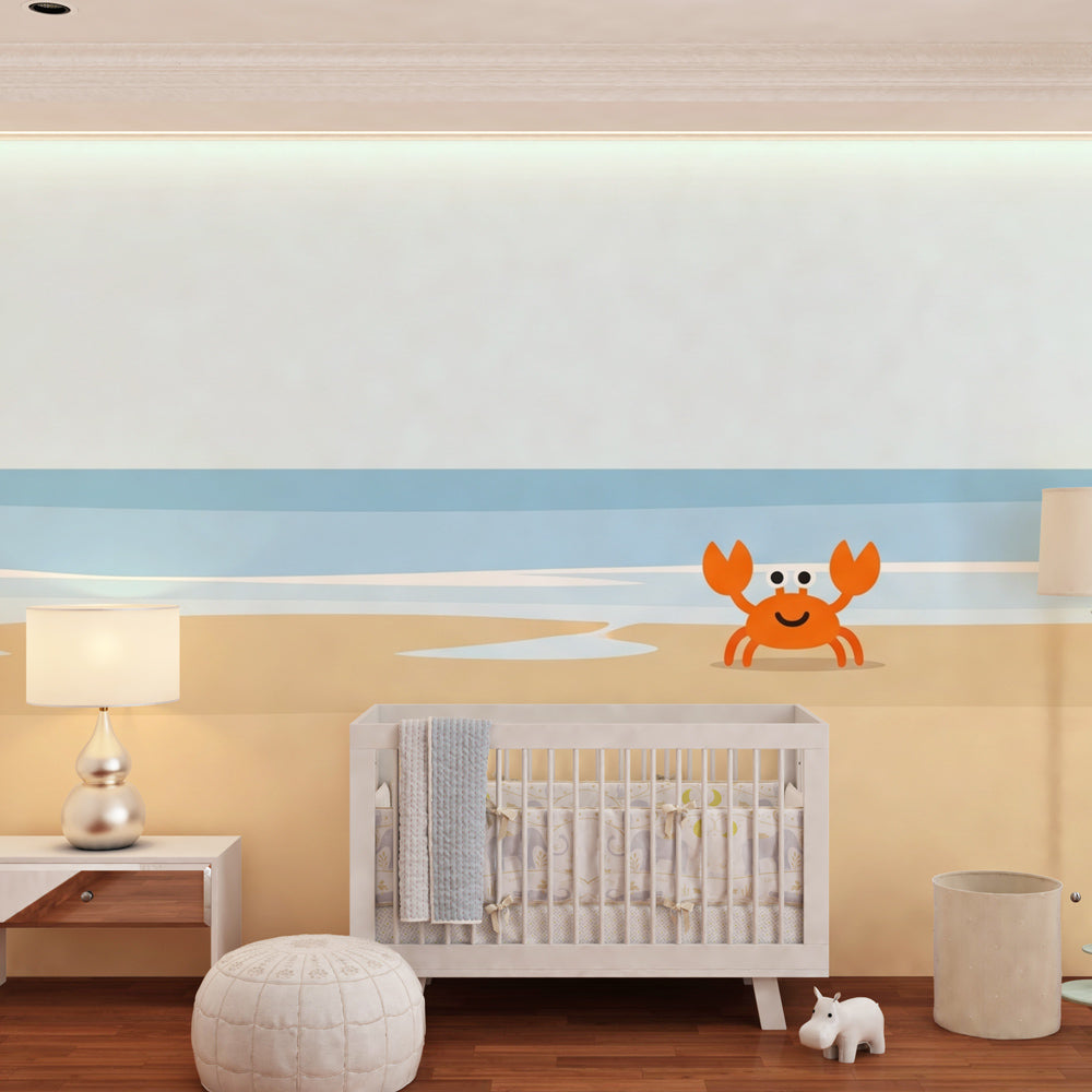Happy crab wallpaper creating peaceful ocean atmosphere in children's bedroom