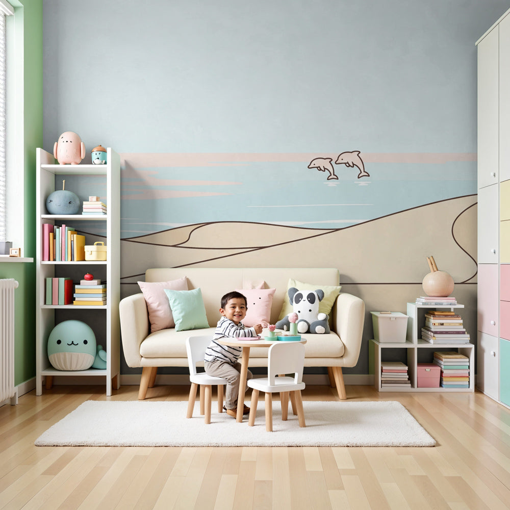Beach dolphins mural wallpaper creating peaceful coastal nursery decor by Kids-Mundo