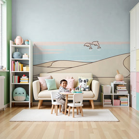 Beach dolphins mural wallpaper creating peaceful coastal nursery decor by Kids-Mundo