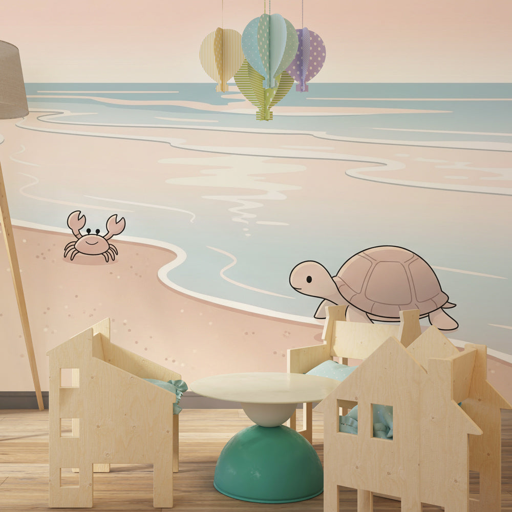 Sunny beach wallpaper creating calming seaside atmosphere in children's bedroom decor