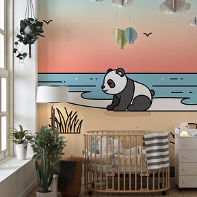 Peaceful panda turtle beach wallpaper creating serene atmosphere in child's bedroom