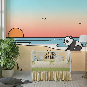 Sunset beach animal mural wallpaper with panda and turtle for kids room decor