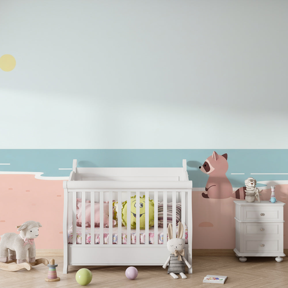 Sunny shore raccoon wallpaper transforming kids bedroom into seaside retreat
