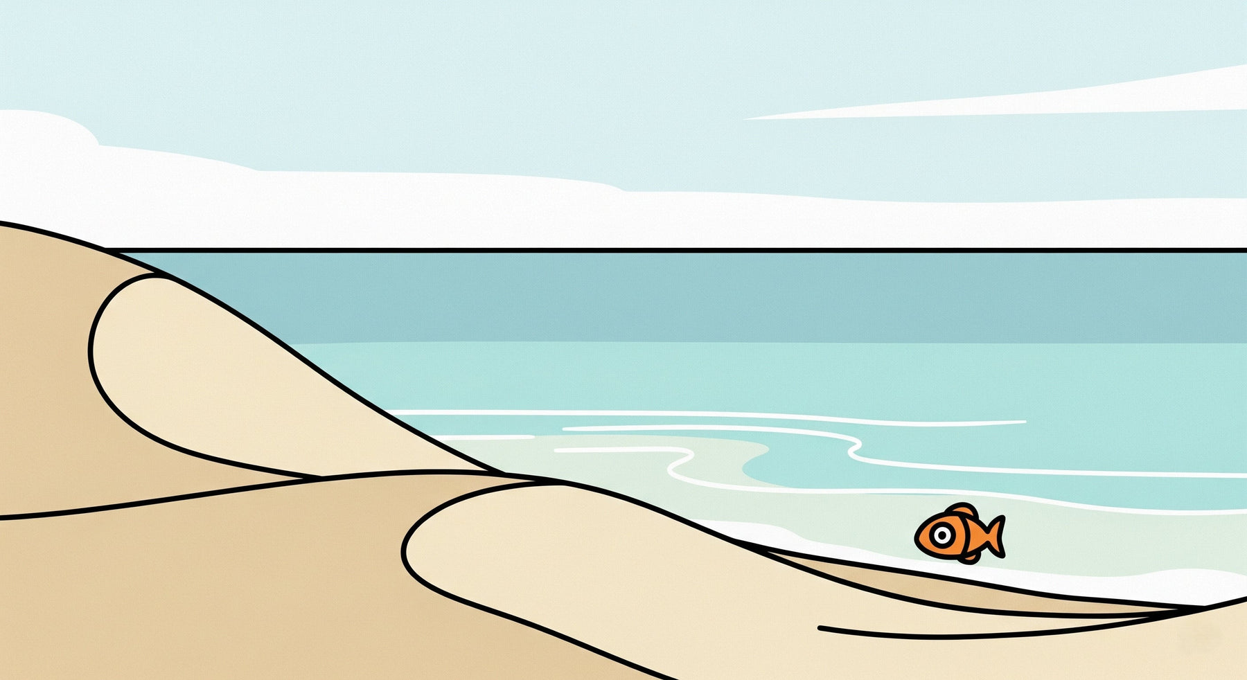 Detailed beach scene mural wallpaper design pattern with sandy shore and orange fish by Kids-Mundo