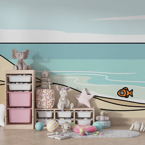 Sunny beach mural wallpaper with playful fish in modern children's bedroom by Kids-Mundo