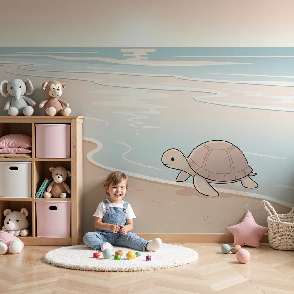 Beach scene mural wallpaper with crab and turtle in coastal themed nursery by Kids-Mundo