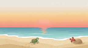 Detailed beach sunset mural wallpaper design pattern showing sea turtle and crab by Kids-Mundo