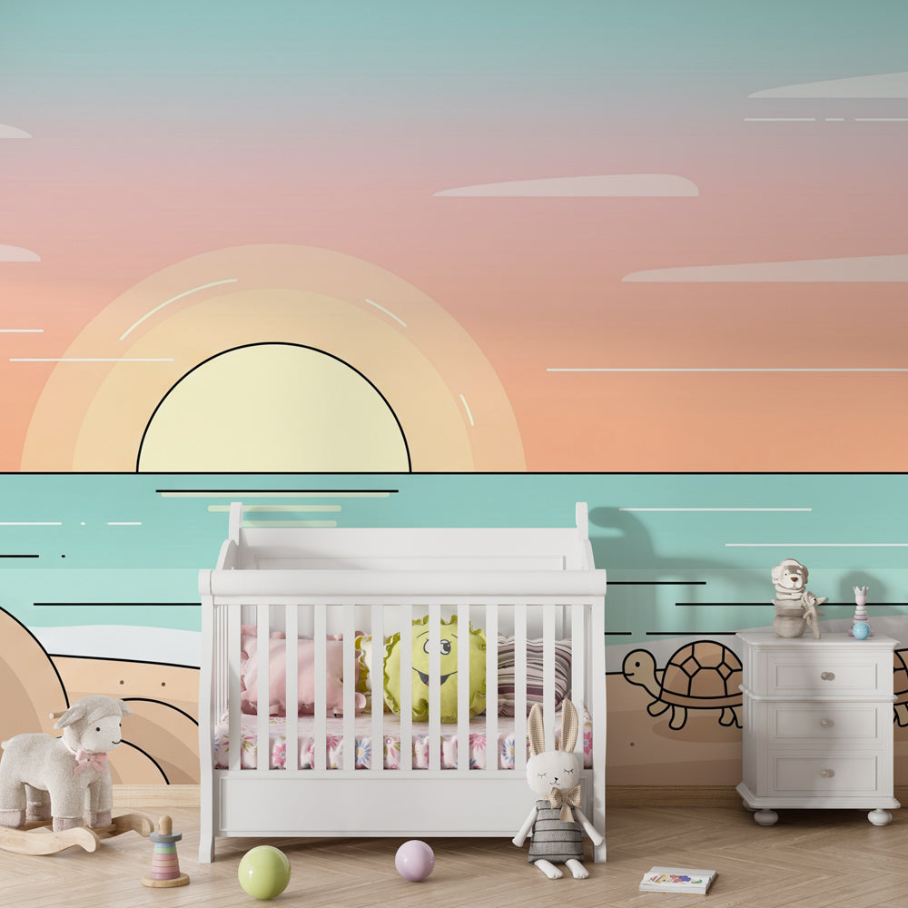 Calming beach turtle wallpaper in children's bedroom with soft pastels and ocean theme by Kids-Mundo