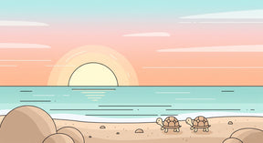 Detailed beach turtle sunset mural wallpaper design pattern showing golden sand and pastel sky by Kids-Mundo