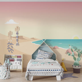 Coastal turtle mural wallpaper in bright children's playroom setting