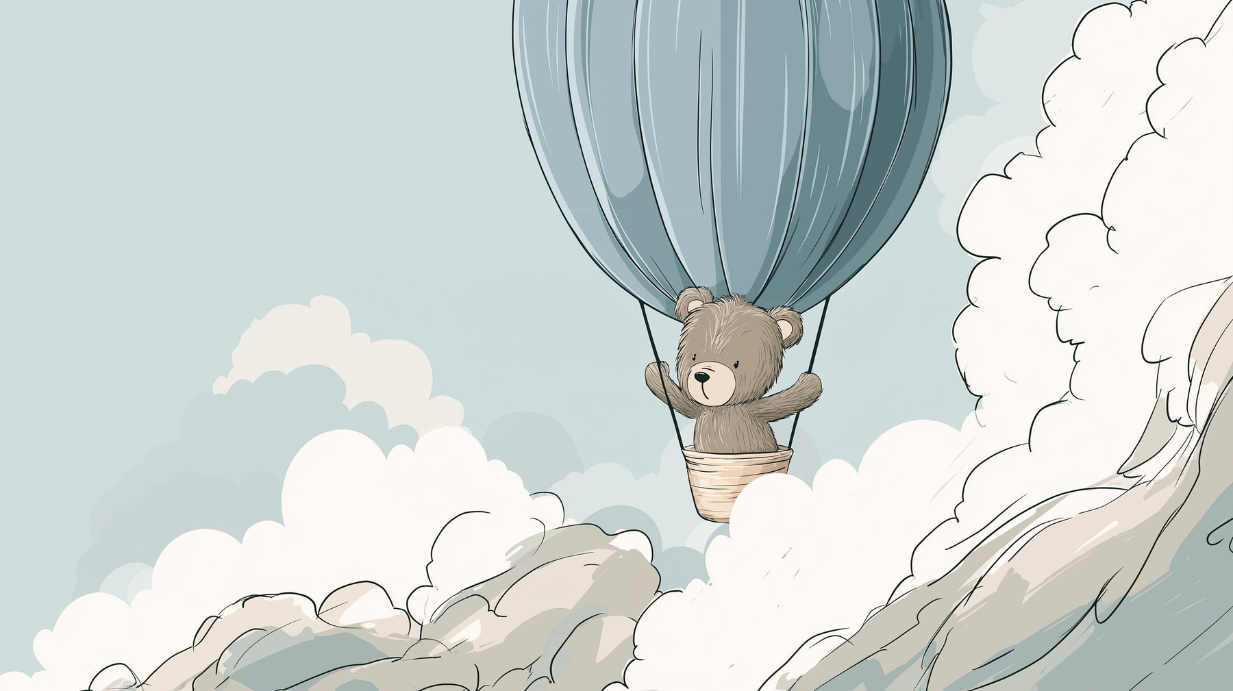 Detailed bear hot air balloon mural wallpaper design pattern with clouds by Kids-Mundo
