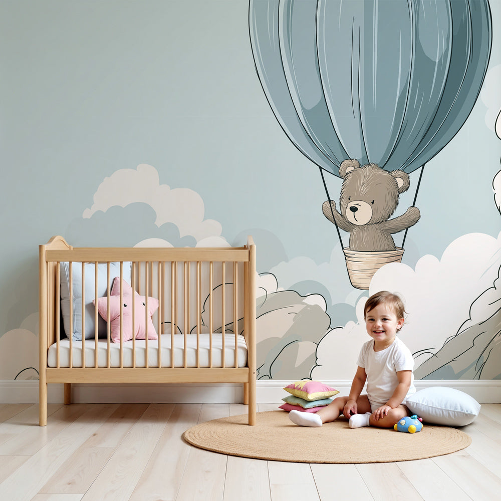 Bear hot air balloon mural wallpaper creating dreamy nursery atmosphere by Kids-Mundo